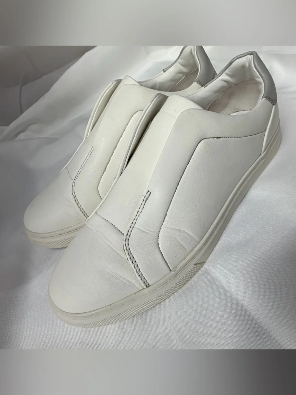 Nordstrom White Slip-On Leather Sneakers with Silver Heel Accent